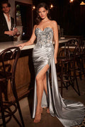 Silver strapless sweetheart prom dress with beaded bodice, satin skirt and front slit