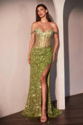 Green sequin off-shoulder mermaid gown with sweetheart neckline and front slit