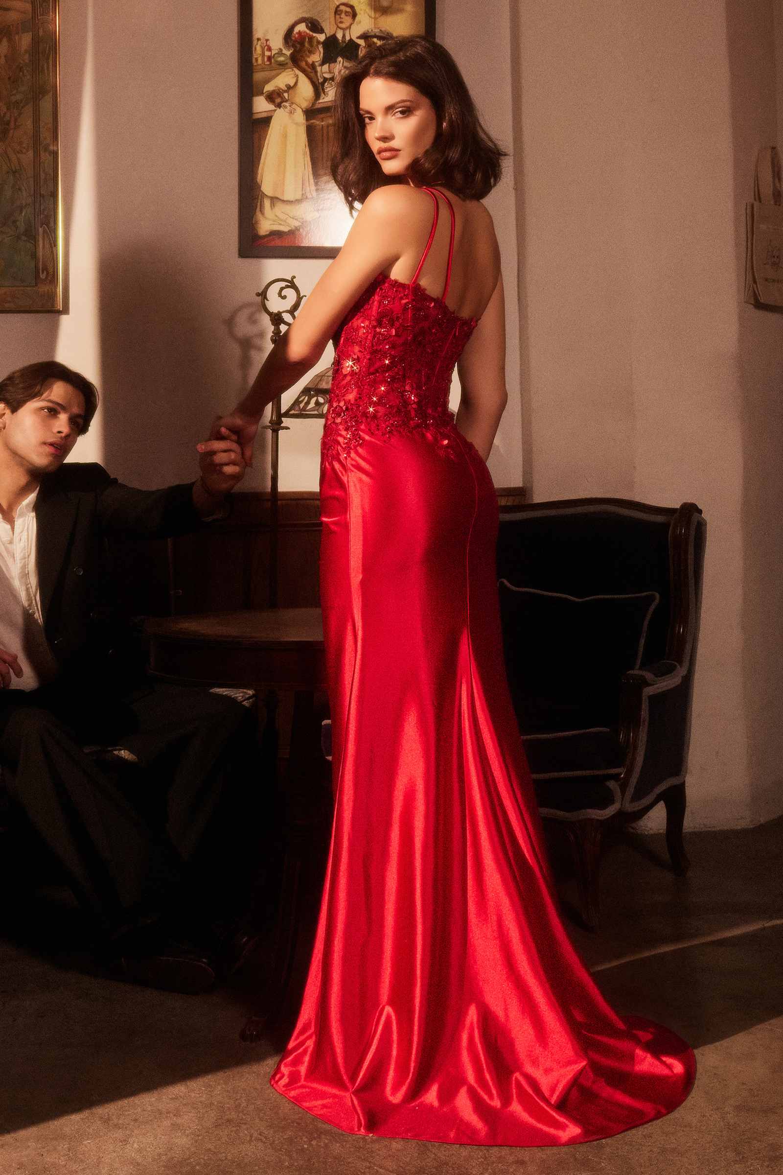 One-shoulder satin dress with lace applique, red satin with side slit