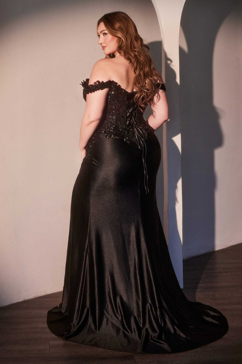 Black off-shoulder beaded satin curve dress with lace-trimmed sleeves and slit