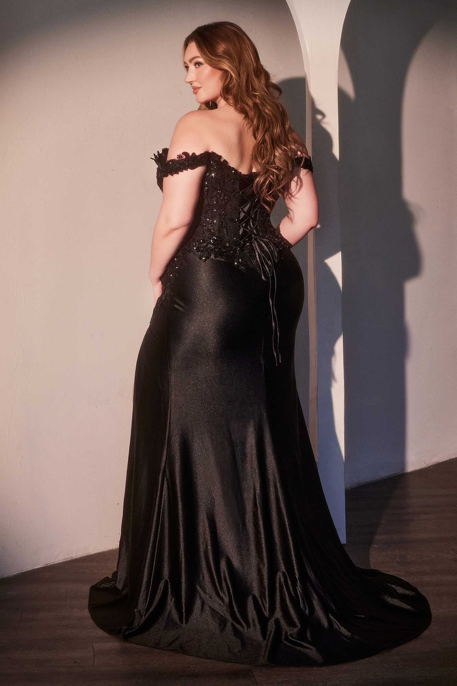CLEARANCE - Ladivine CDS537C Off The Shoulder Lace & Satin Black Dress (Size 20)