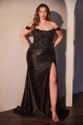 CLEARANCE - Ladivine CDS537C Off The Shoulder Lace & Satin Black Dress (Size 20)