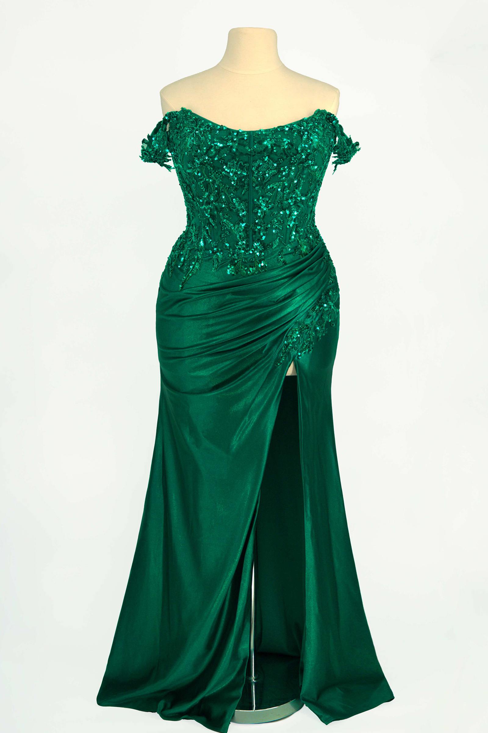 Emerald green off-shoulder sequin satin curve dress with side slit
