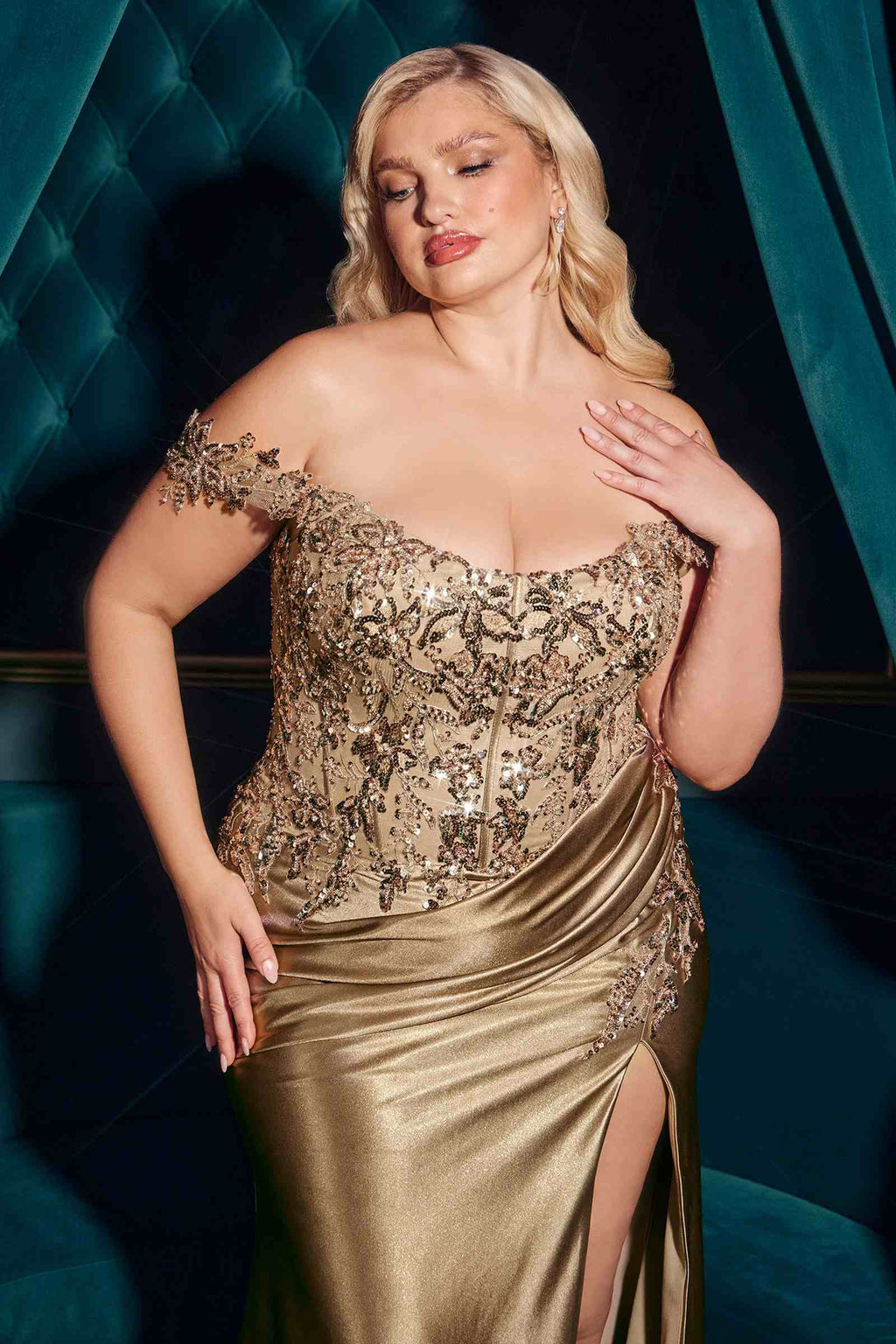 Mocha gold off-shoulder sequin bodice satin curve dress with ruched skirt