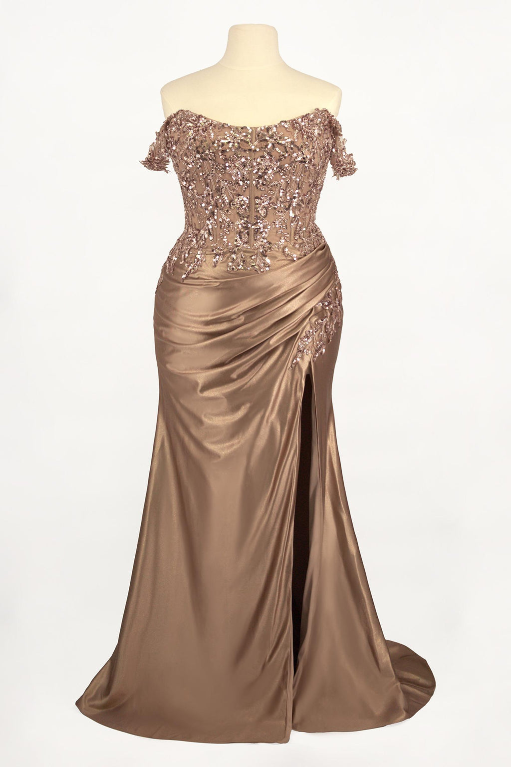 Mocha gold off-shoulder sequined bodice satin curve dress with side slit