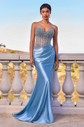 Blue strapless beaded bodice satin gown with draped skirt, fitted silhouette