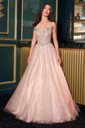 Blush strapless A-line ball gown with crystal beaded bodice and glitter tulle skirt