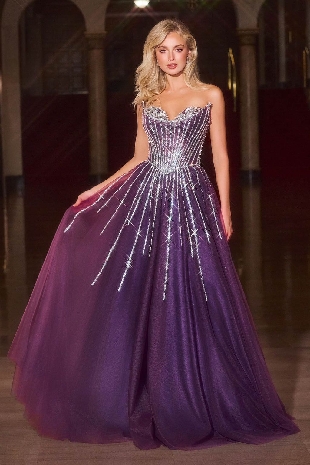 Purple strapless A-line ball gown with crystal-beaded corset bodice and glitter skirt