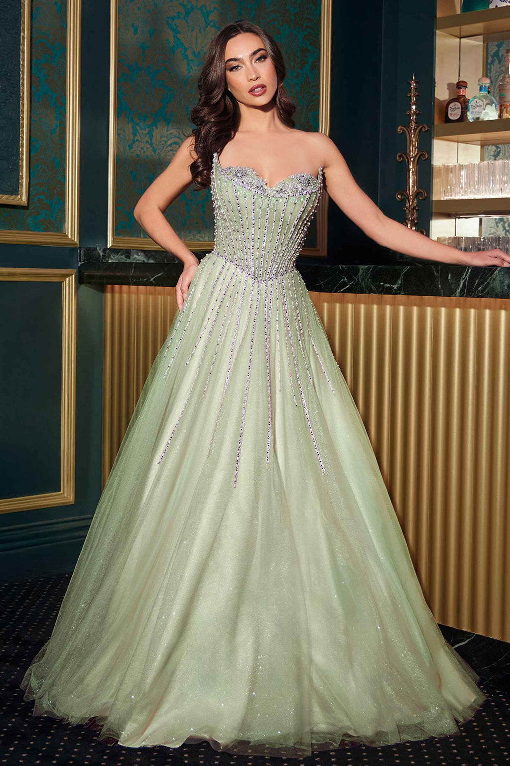 Sage green strapless A-line ball gown with crystal beading and full tulle skirt