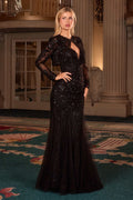 Black long-sleeve mermaid gown with illusion lace bodice and sparkling sequins