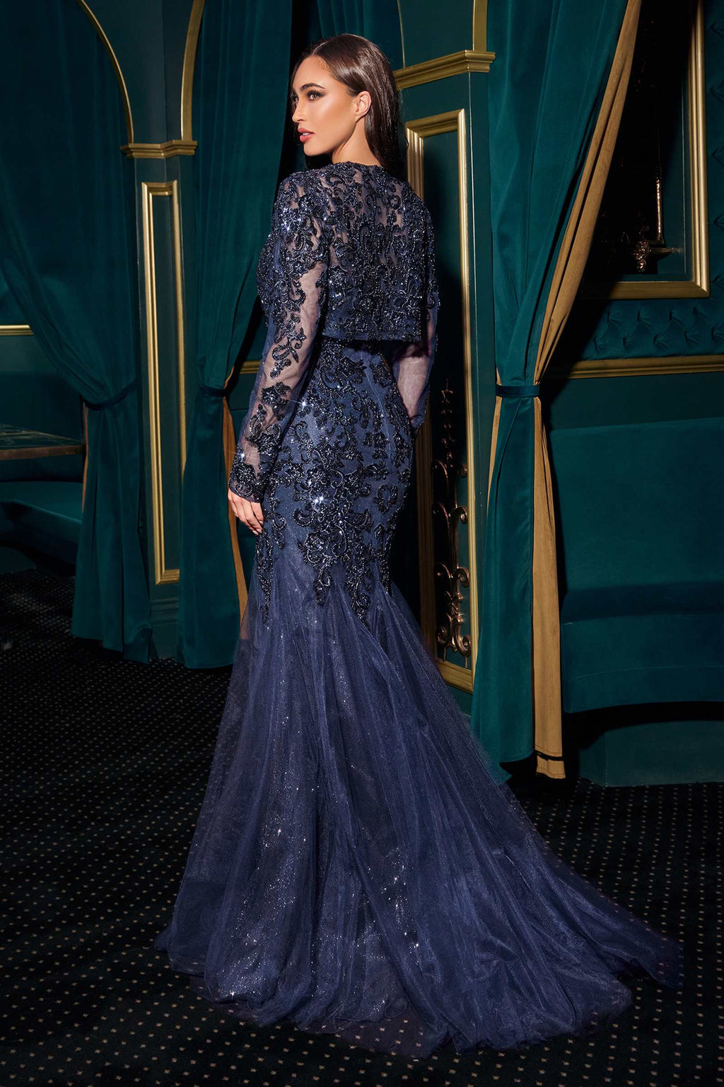 Navy strapless mermaid gown with floral sequin pattern and long back silhouette