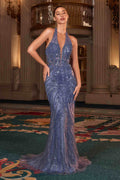 Blue halter fitted evening gown with plunging beaded bodice and mermaid skirt