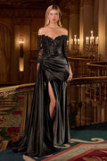 Off-shoulder fitted gown with lace bodice and ruched satin skirt, navy with slit
