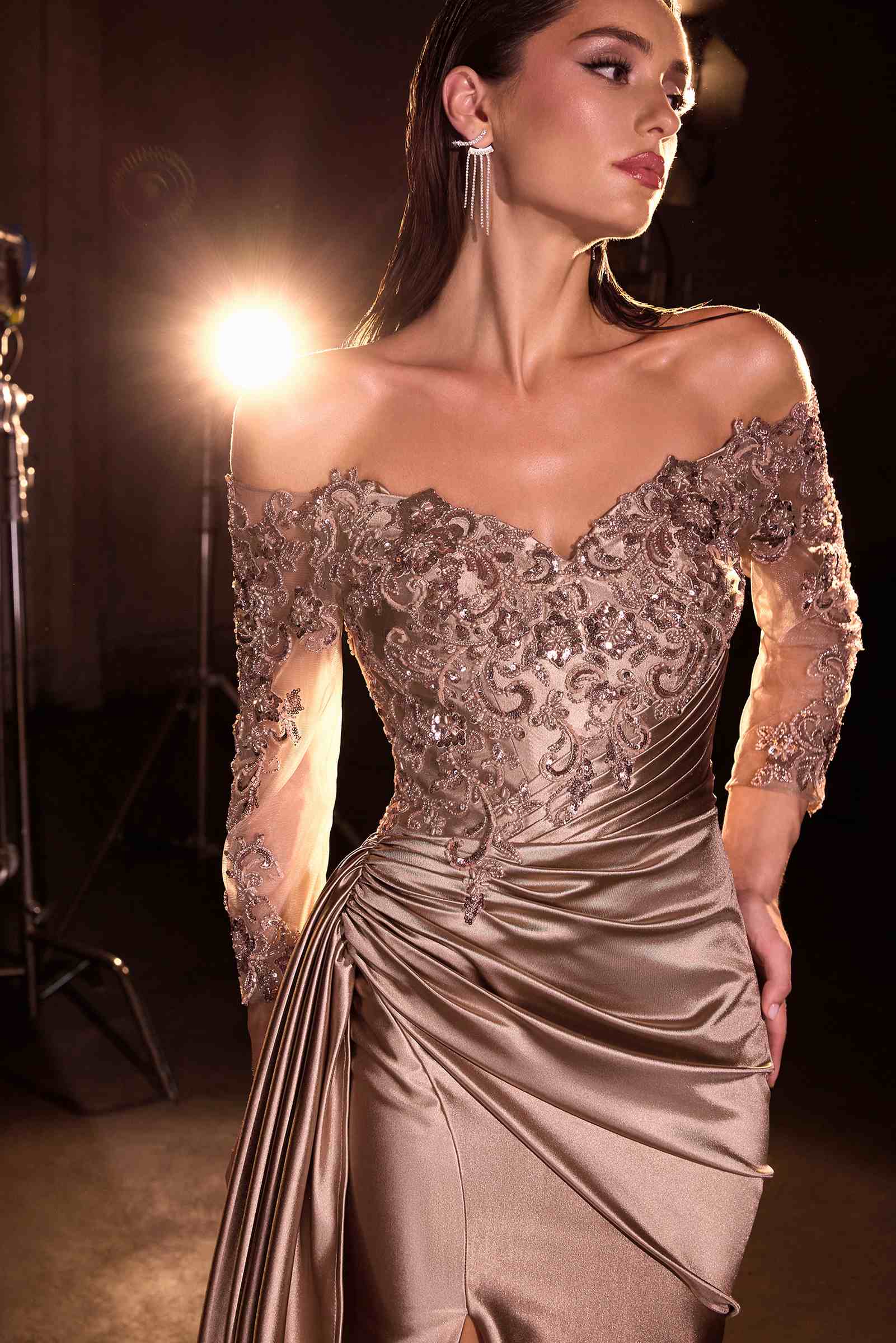 Off-shoulder fitted gown with lace applique sleeves and ruched satin, champagne