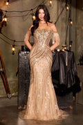 Champagne-gold fitted formal gown with cold-shoulder fringe and beaded sparkle