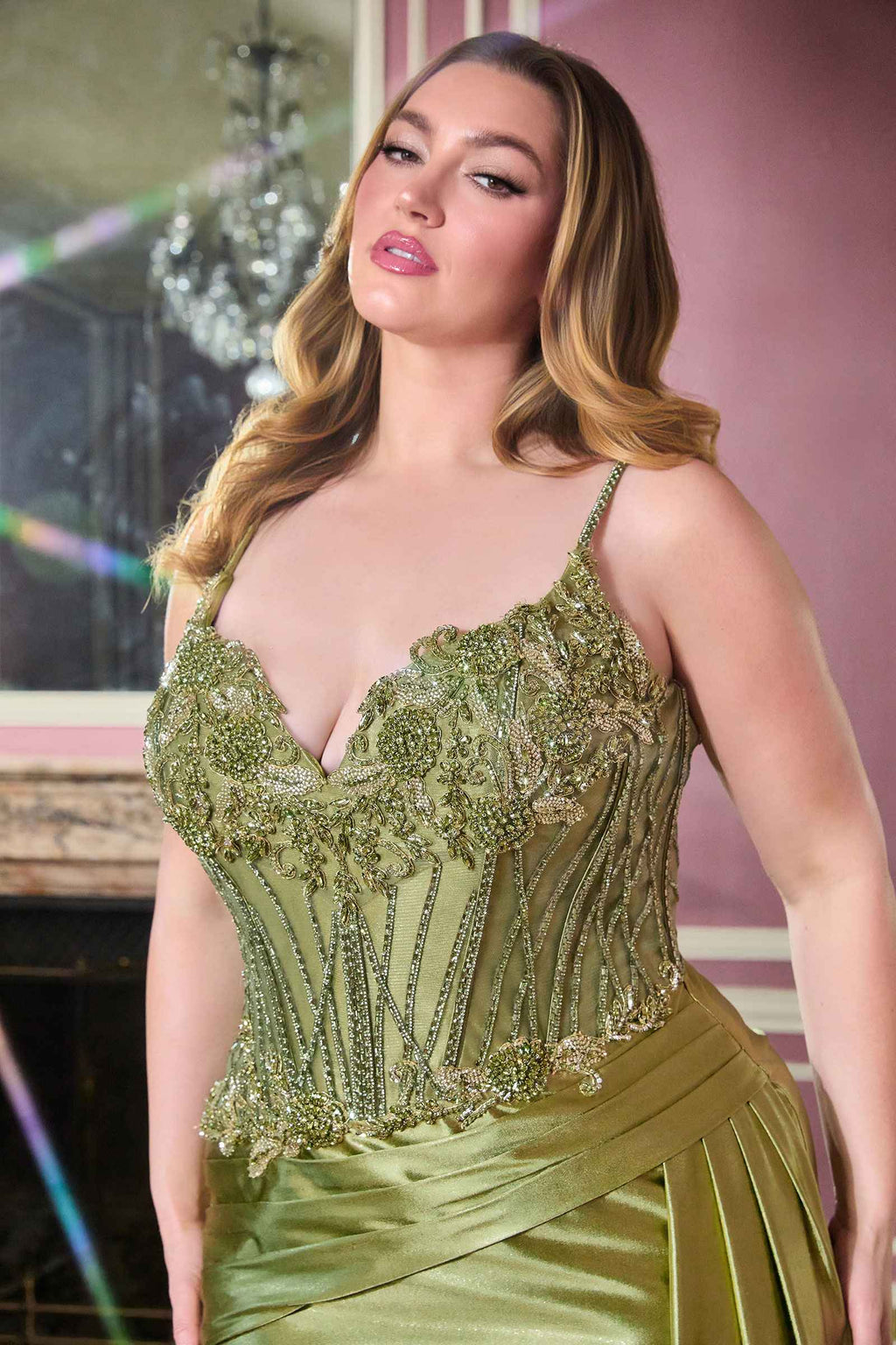 Green corset bodice with V-neck beading and spaghetti straps, satin skirt