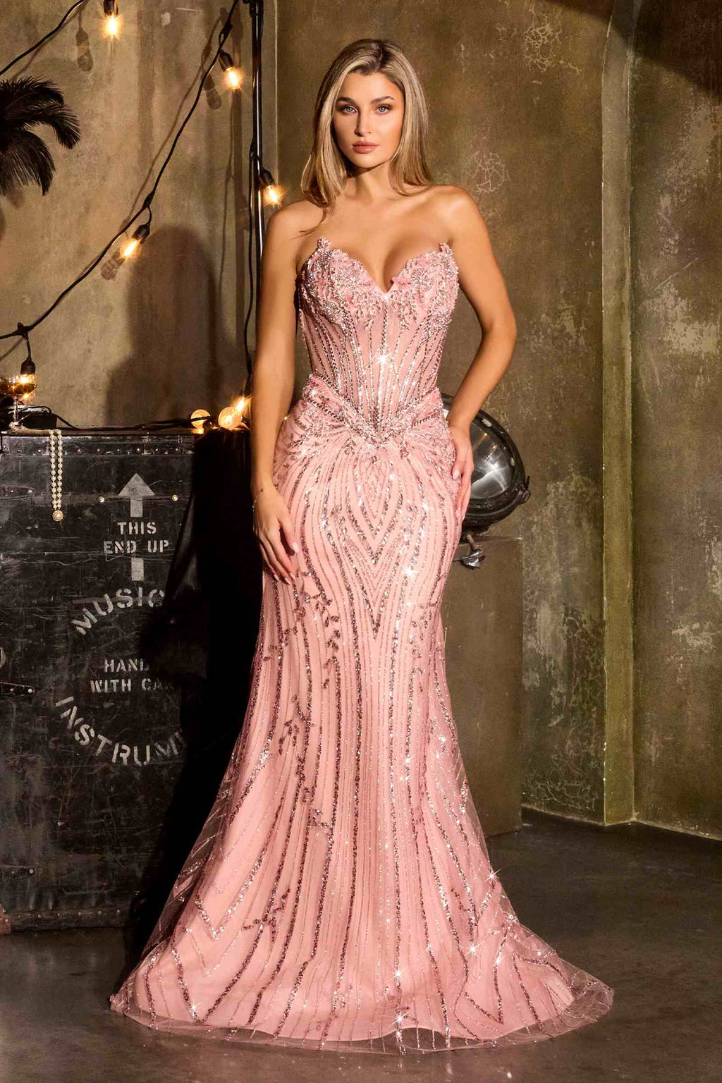 Dusty pink embellished mermaid gown with sweetheart neckline and thin straps