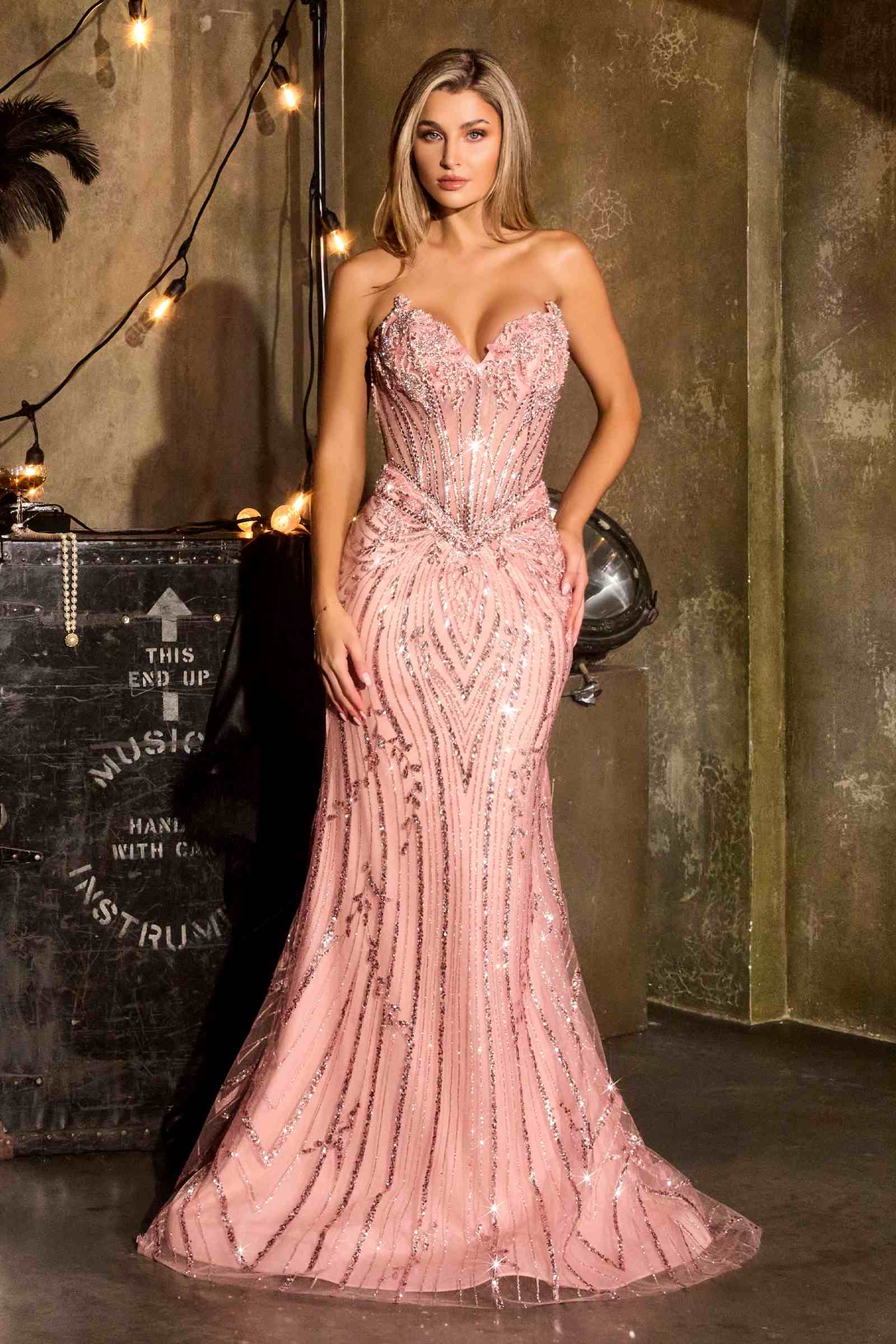 Dusty pink embellished mermaid gown with sweetheart neckline and thin straps