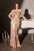 Rose gold sequin off-shoulder evening gown with draped fringe sleeves and fitted skirt