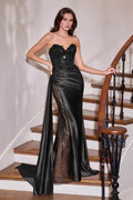 Black strapless satin sequin gown with sweetheart neckline and appliqué detail