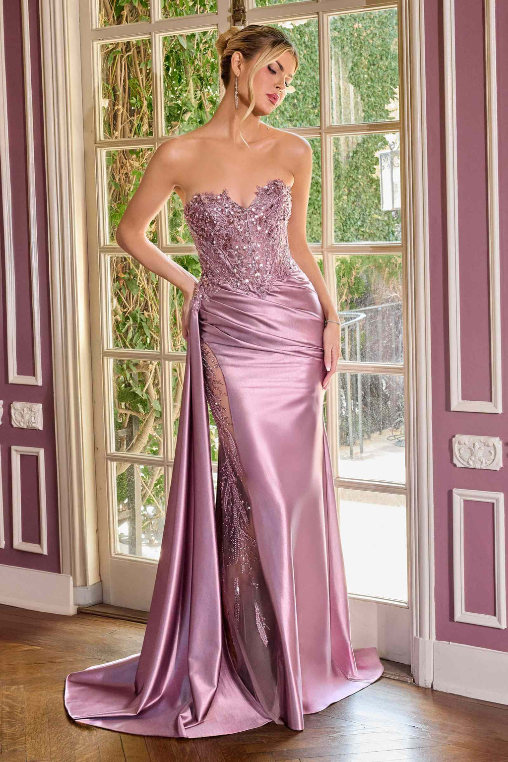 Lilac strapless satin sequin gown with sweetheart neckline and fitted mermaid skirt