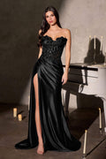 Black strapless satin gown with floral beaded bodice and thigh-high leg slit