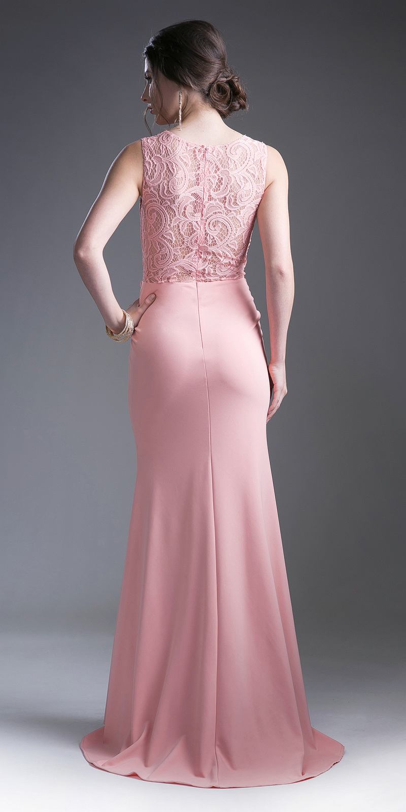 Coral sleeveless lace back sheath dress with long fitted skirt