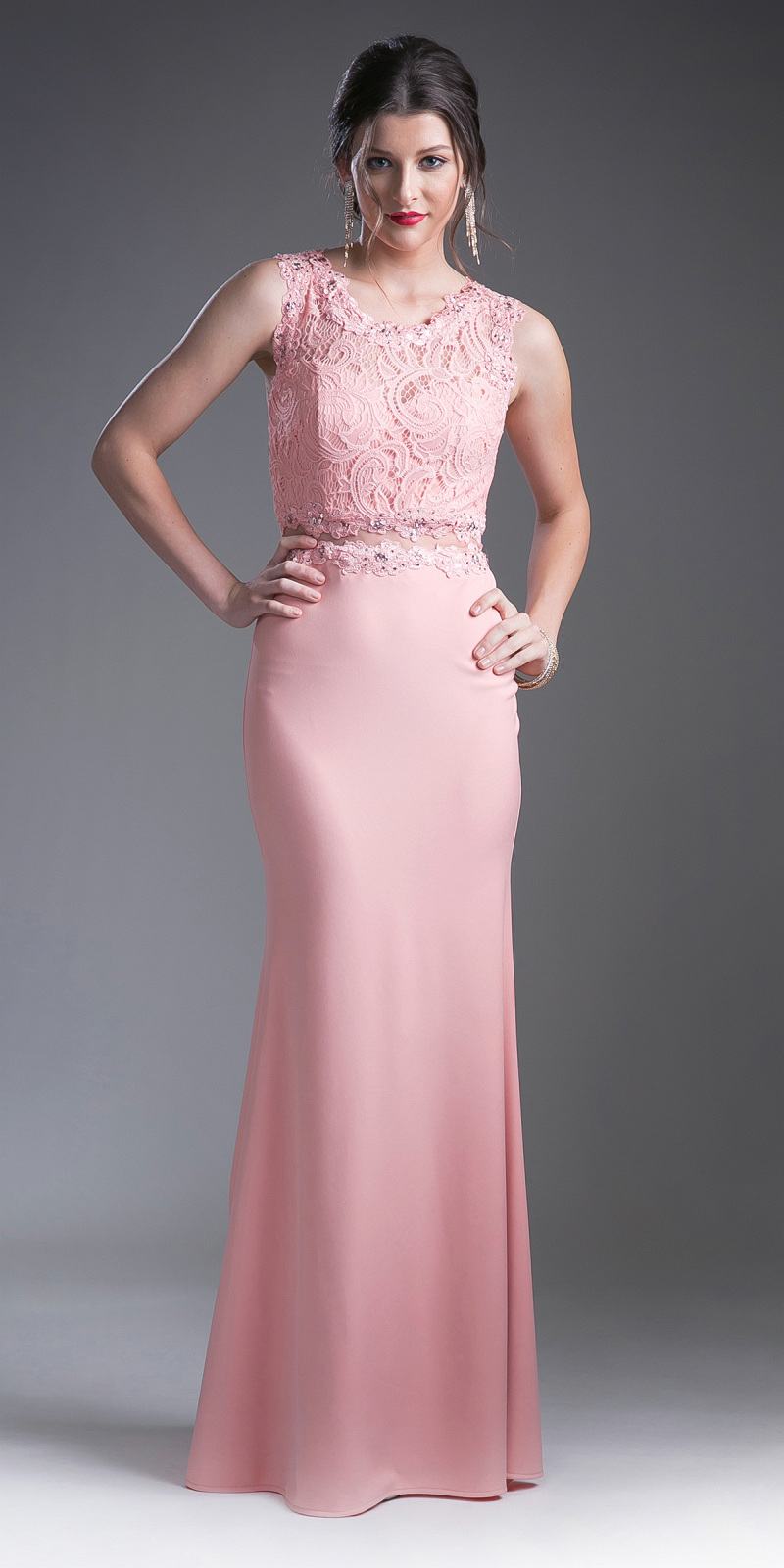 Coral sleeveless lace bodice sheath dress with long fitted skirt