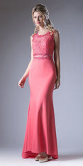 Coral sleeveless lace bodice sheath dress with long fitted silhouette
