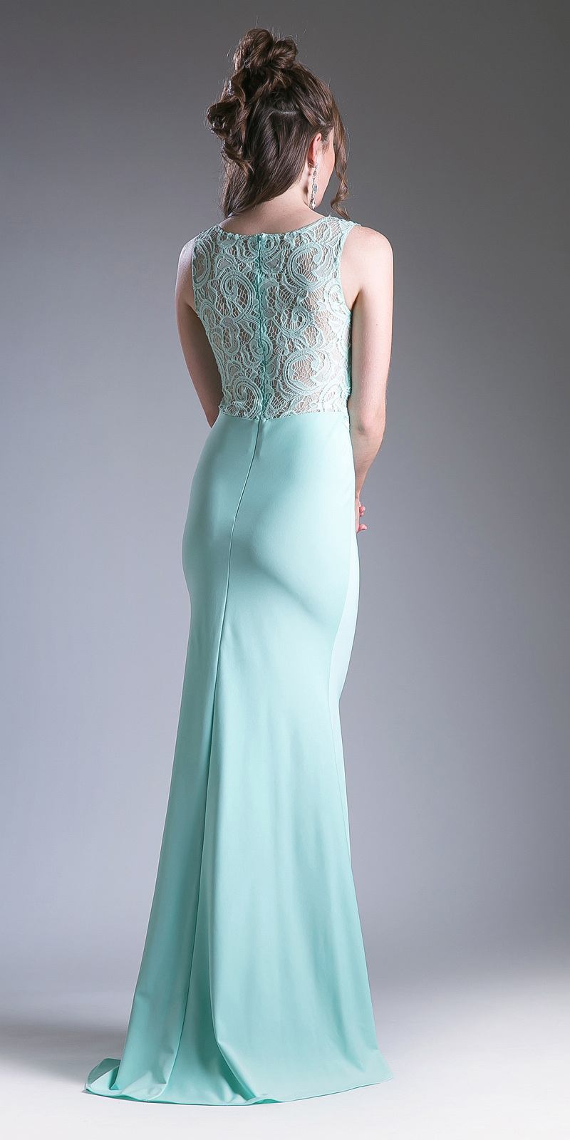 Mint sleeveless lace bodice sheath dress with long fitted back view