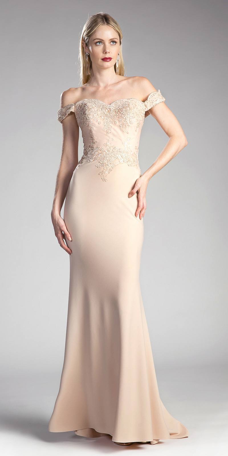 Off-shoulder evening gown with lace bodice and mermaid silhouette, champagne