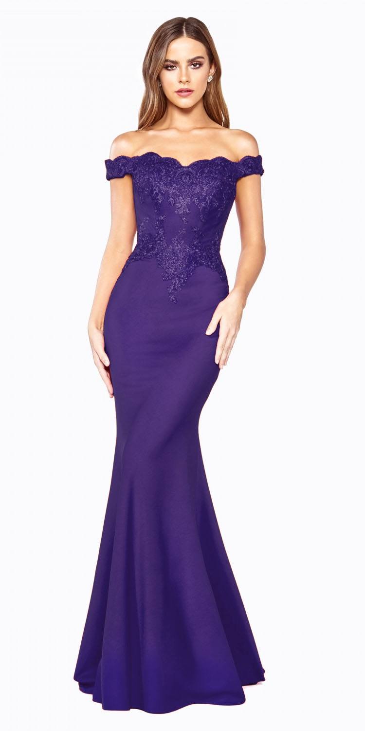 Off-shoulder lace evening gown in deep purple with fitted bodice and flared hem