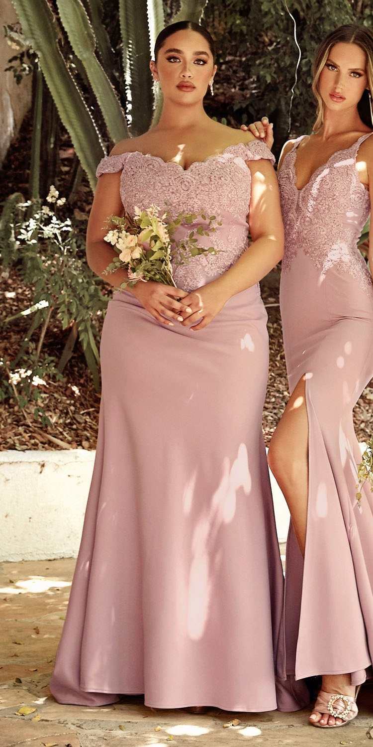 Off-shoulder evening gown with lace bodice and long mermaid skirt, mauve