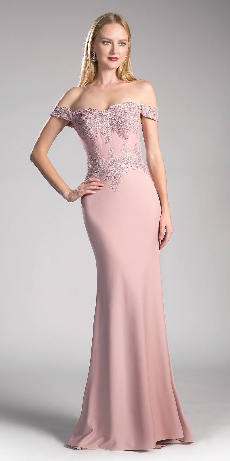 Off-shoulder evening gown with lace bodice, fitted mermaid shape, blush pink