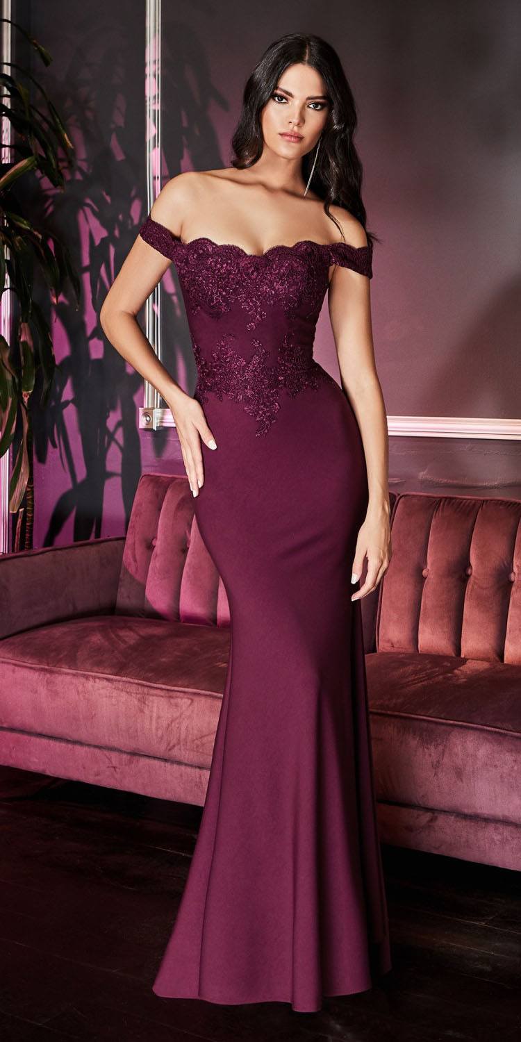 Off-shoulder lace evening gown in plum with fitted bodice and long flared skirt