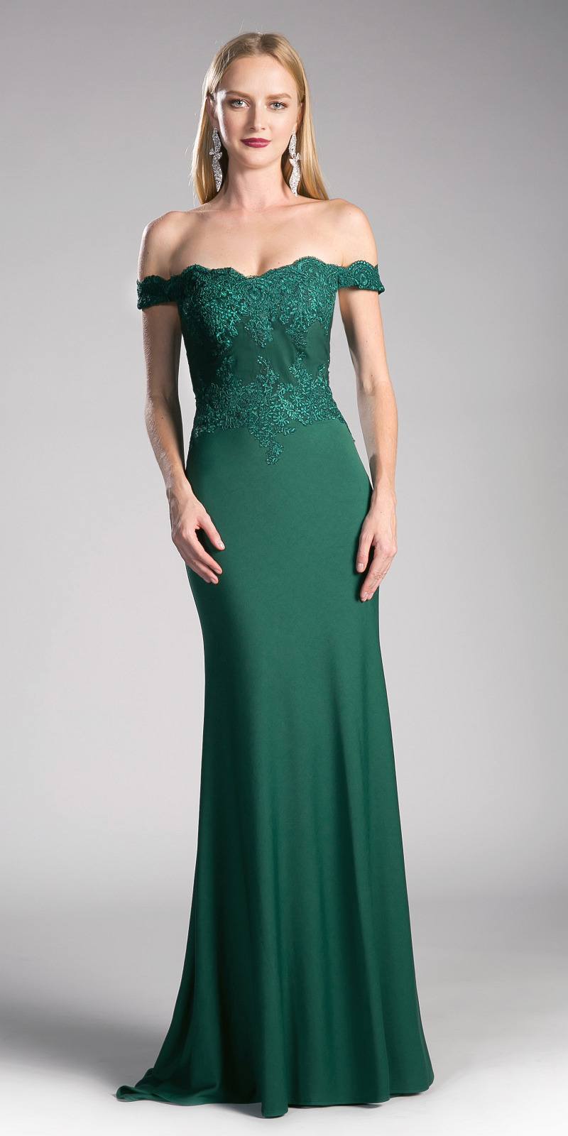 Off-shoulder evening gown with lace bodice, fitted mermaid silhouette, dark green