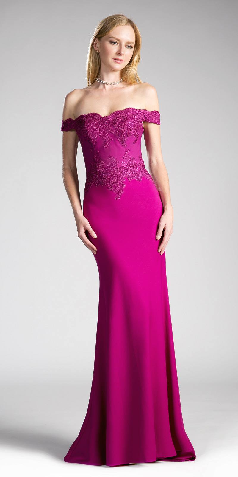 Off-shoulder evening gown with lace bodice and long fitted mermaid skirt, magenta