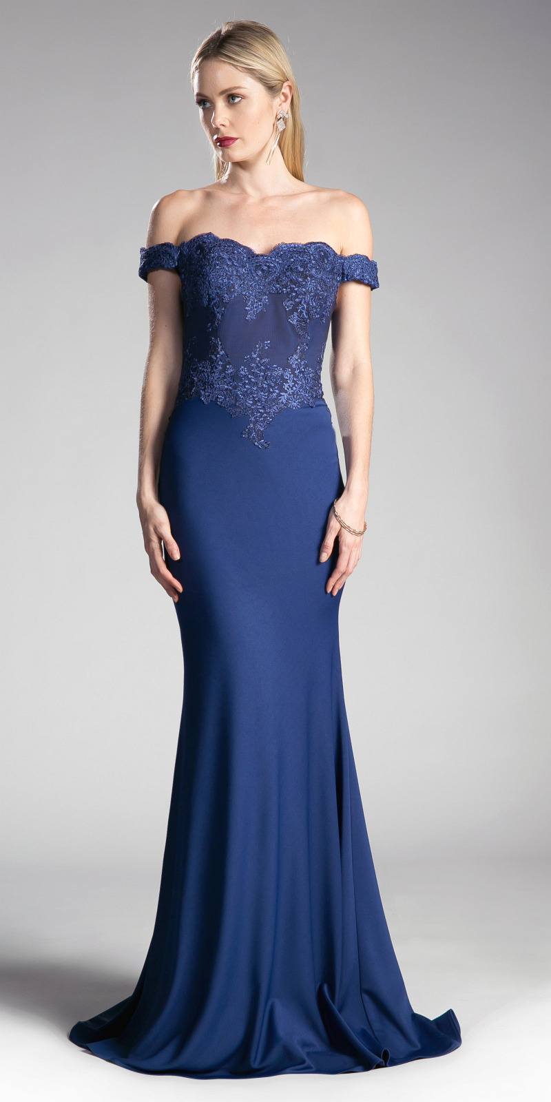 Off-shoulder evening gown with lace bodice, fitted mermaid silhouette, deep blue
