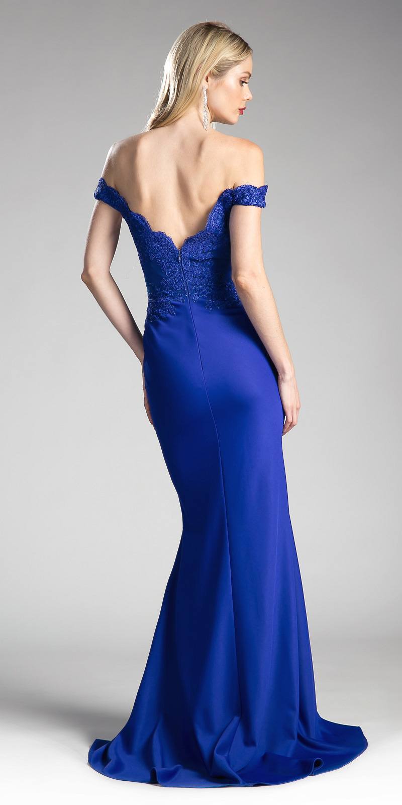 Off-shoulder evening gown with lace bodice and mermaid skirt, royal blue