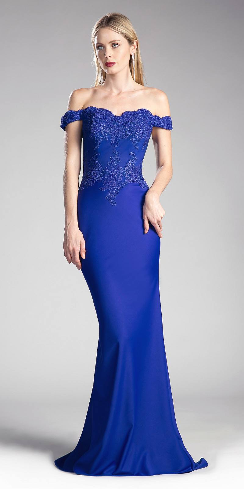Off-shoulder evening gown with lace bodice and fitted mermaid skirt, cobalt blue