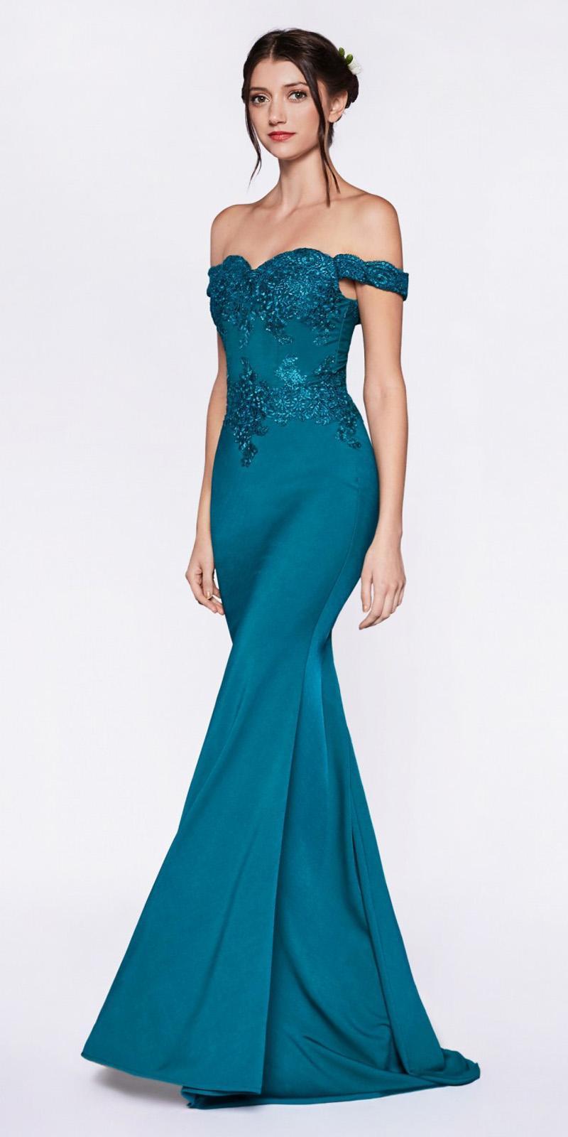 Off-shoulder evening gown with lace bodice and mermaid skirt, teal