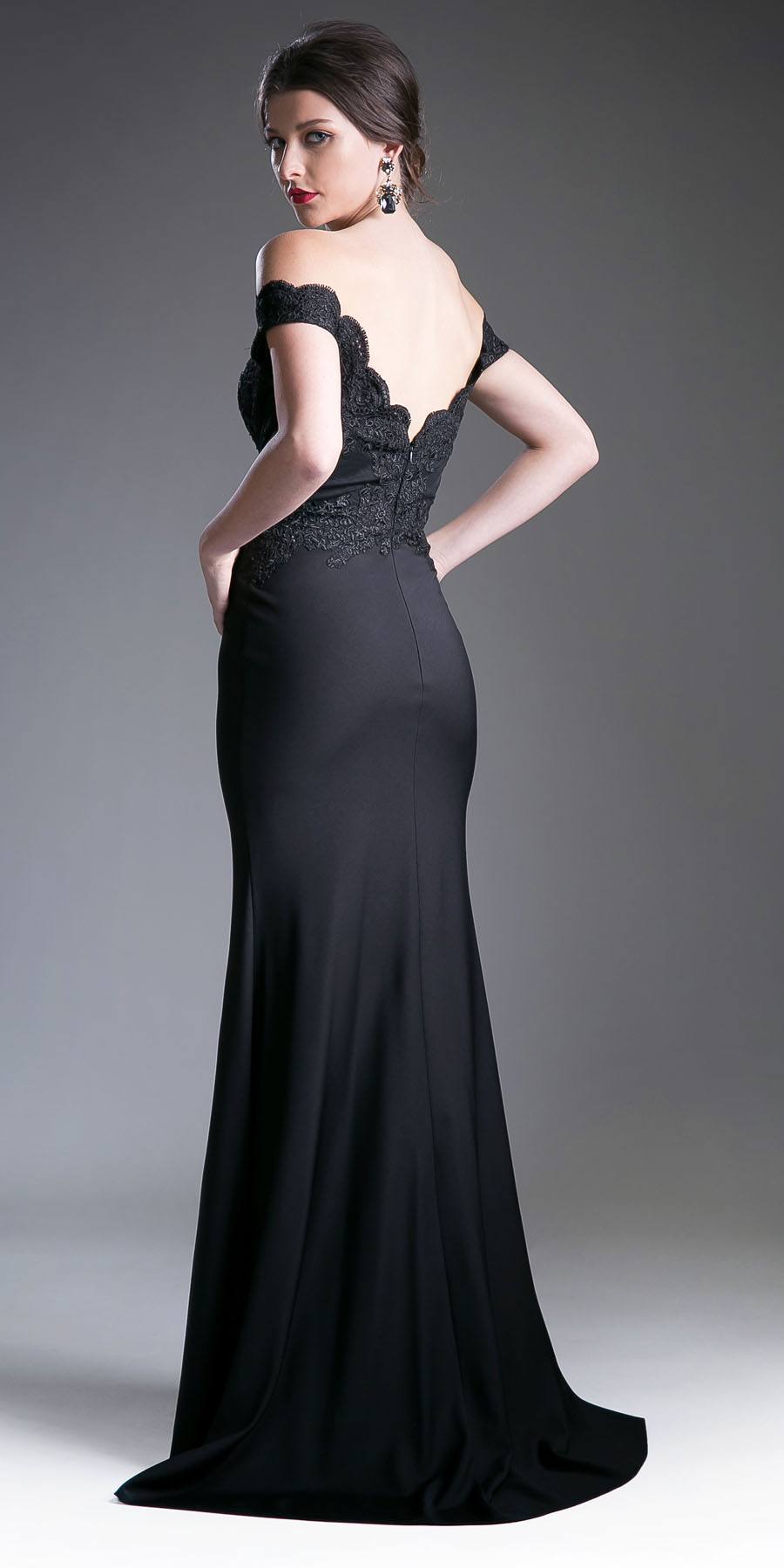 Off-shoulder lace evening gown in black with back neckline and long flared skirt