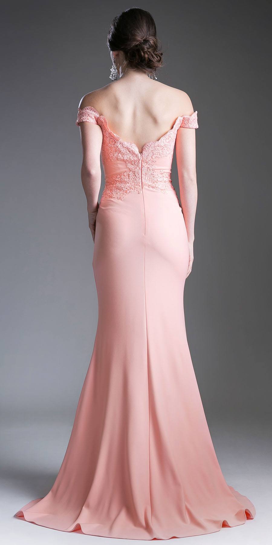 Peach off-shoulder backless evening gown with applique detail and long mermaid skirt