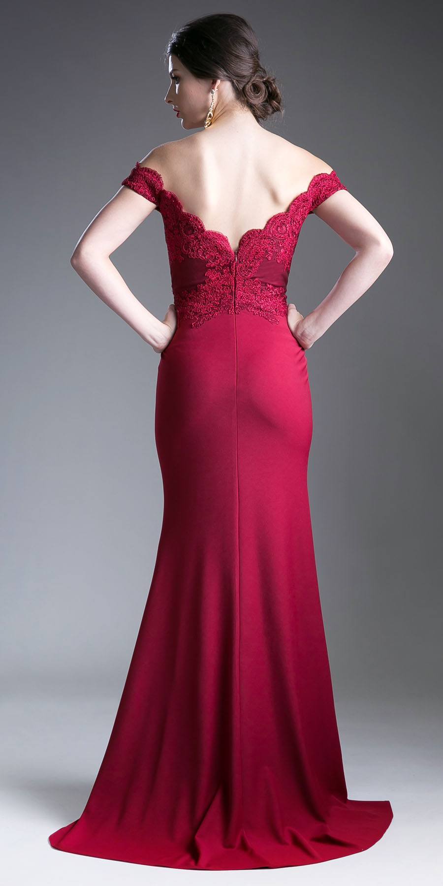 Off-shoulder lace evening gown in burgundy with open back and long flared skirt