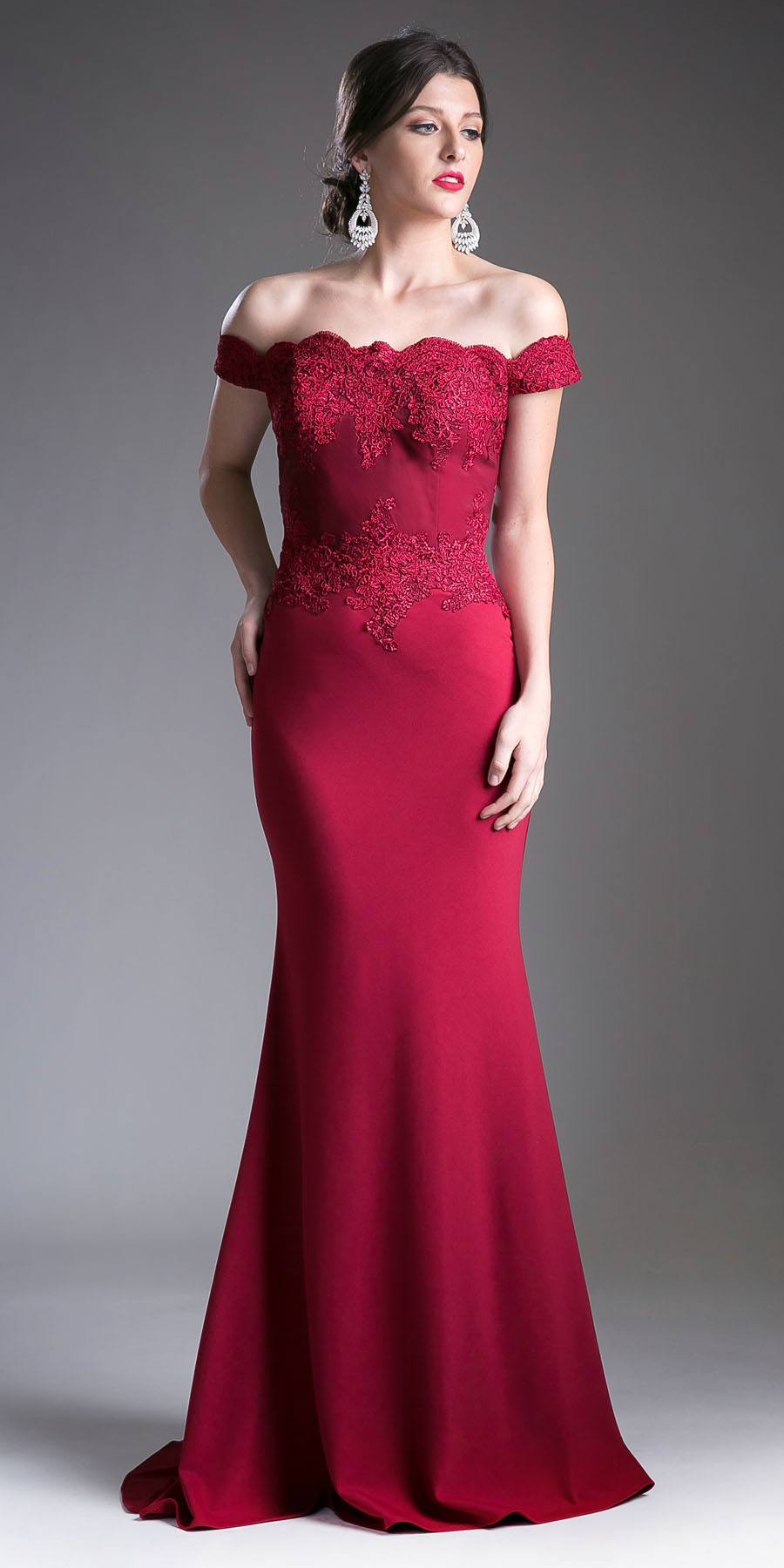 Off-shoulder lace evening gown in burgundy with fitted bodice and long mermaid hem