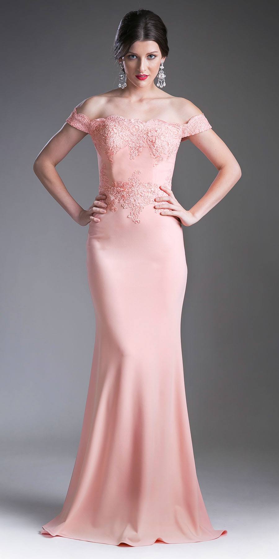 Peach off-shoulder evening gown with applique bodice and fitted mermaid skirt