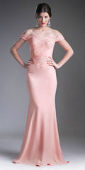 Peach off-shoulder evening gown with applique bodice and fitted mermaid skirt