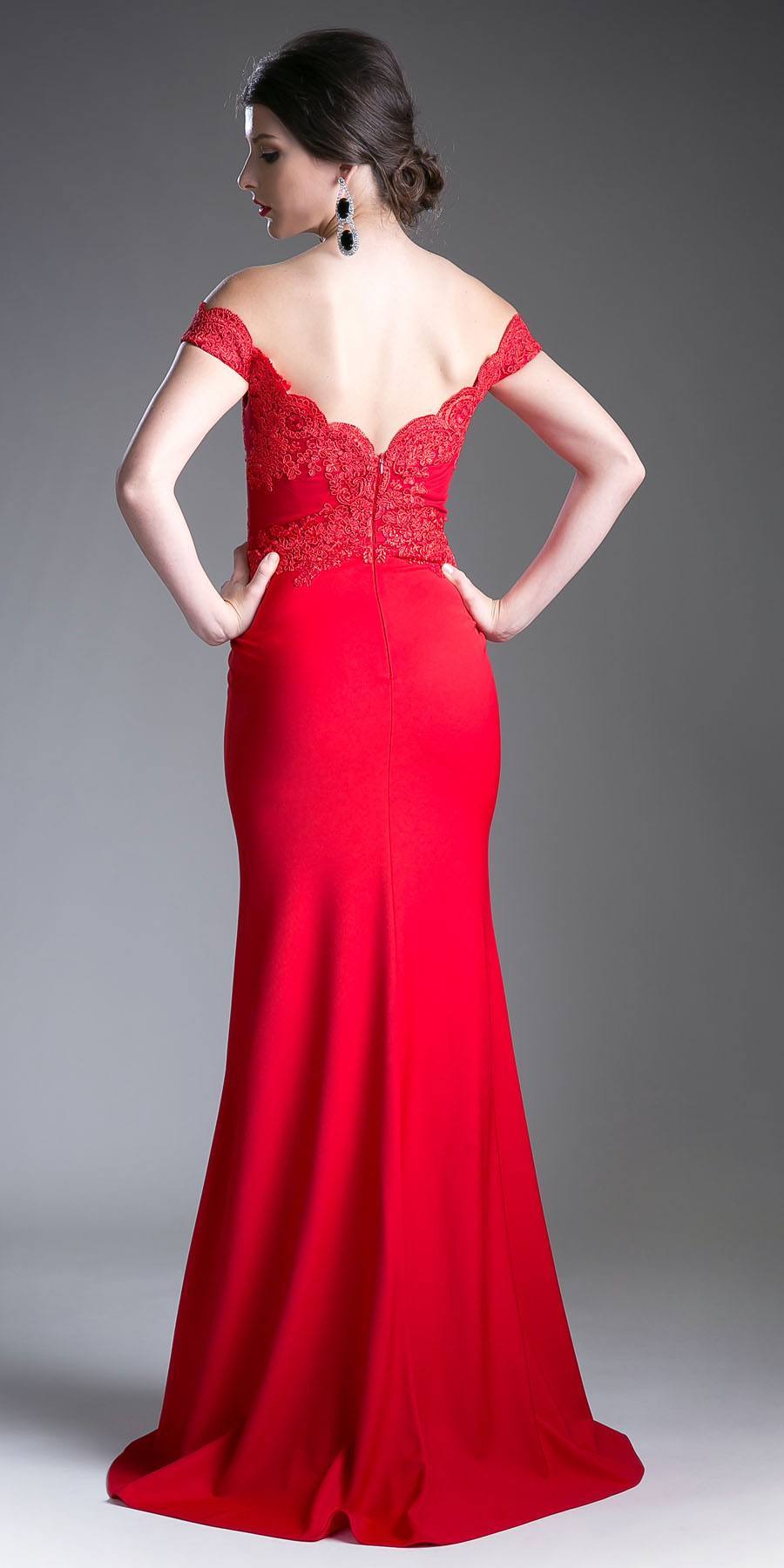 Off-shoulder evening gown with lace bodice and fitted mermaid silhouette, red