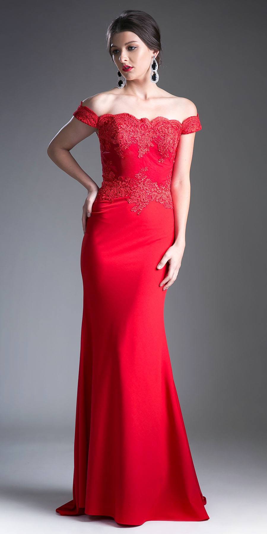 Off-shoulder lace evening gown in red with fitted bodice and long flared skirt