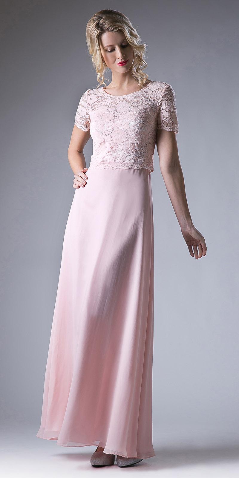 Blush pink lace bodice A-line long dress with short sleeves